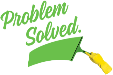 Graphic illustration of a hand holding a squeegee, and the words "Problem Solved"