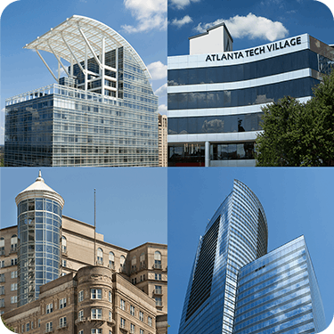 Four photos of landmark buildings in Atlanta, served by Level Seven Facilities Services