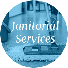 The words "janitorial services" over a photo of a mop cleaning a floor