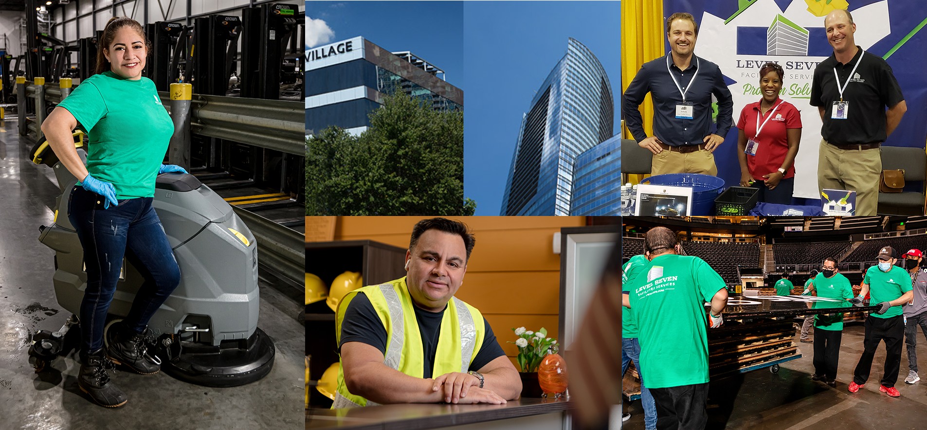 Six photos featuring Level Seven commercial cleaning workers, and two of the properties they clean