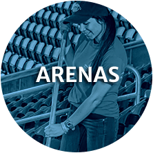 The word "arenas" over a photo of a worker cleaning a stadium