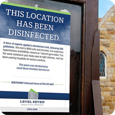 Photo of a sign on a church door. The sign reads "This space has been disinfected"